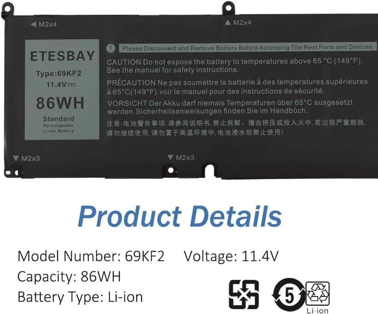 Alt view image 4 of 5 - 69KF2 Laptop Battery Replacement for Dell XPS 15 9500 Precision 5550 Alienware M15 R3 R4 M17 Series Notebook 70N2F 070N2F 8FCTC 08FCTC 11.4V 86Wh
