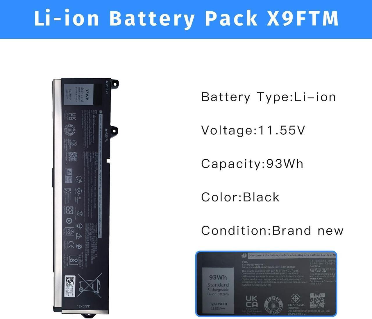 Alt view image 2 of 6 - X9FTM Laptop Battery Replacement for Dell Precision 7770 7670 7680 7780 Series Notebook RCVVT 965V4 0965V4 5JMD8 05JMD8 [11.55V 93Wh]
