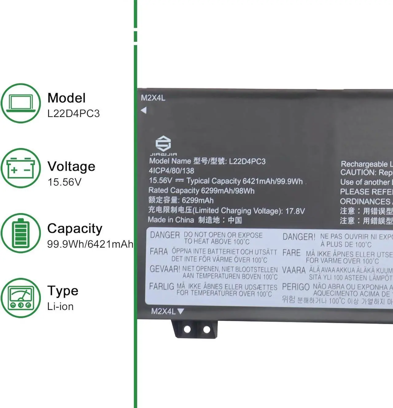 Alt view image 2 of 6 - L22D4PC3 Laptop Battery Replacement for Lenovo Legion S7 16IRH8 16APH8 Legion 9 16IRX8 16IRX9 Series SB11K39159 5B11K39160 SB11N45992 5B11N45966 L22M4PC3 SB11K39156 L22C4PC3 15.56V 99.9Wh