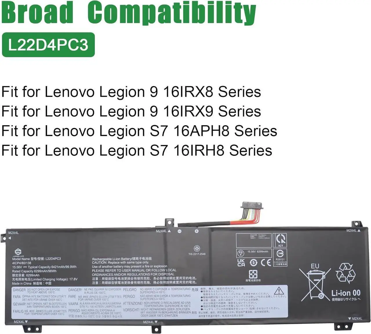 Alt view image 5 of 6 - L22D4PC3 Laptop Battery Replacement for Lenovo Legion S7 16IRH8 16APH8 Legion 9 16IRX8 16IRX9 Series SB11K39159 5B11K39160 SB11N45992 5B11N45966 L22M4PC3 SB11K39156 L22C4PC3 15.56V 99.9Wh