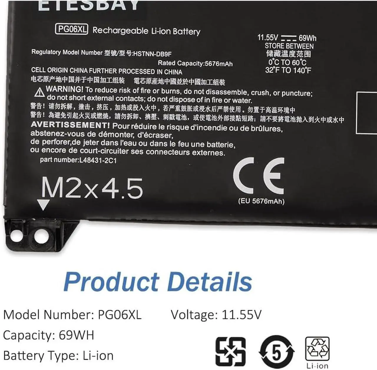 Alt view image 6 of 7 - PG06XL Laptop Battery Compatible with HP OMEN 15T-DH000 15T-DH100 15-DH1025TX 15-DH1019NR HSTNN-DB9F L48497-005 L48431-2C1 11.55V 69WH/5974mAh