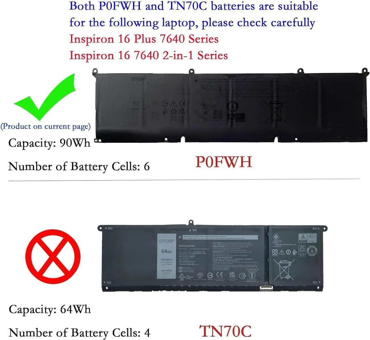 Alt view image 2 of 3 - P0FWH Laptop Battery 90Wh 7692mAh 6-Cell 11.7V Compatible with Dell Alienware m16 R2 / Inspiron 16 Plus 7640 / Inspiron 16 7640 2-in-1 Series POFWH