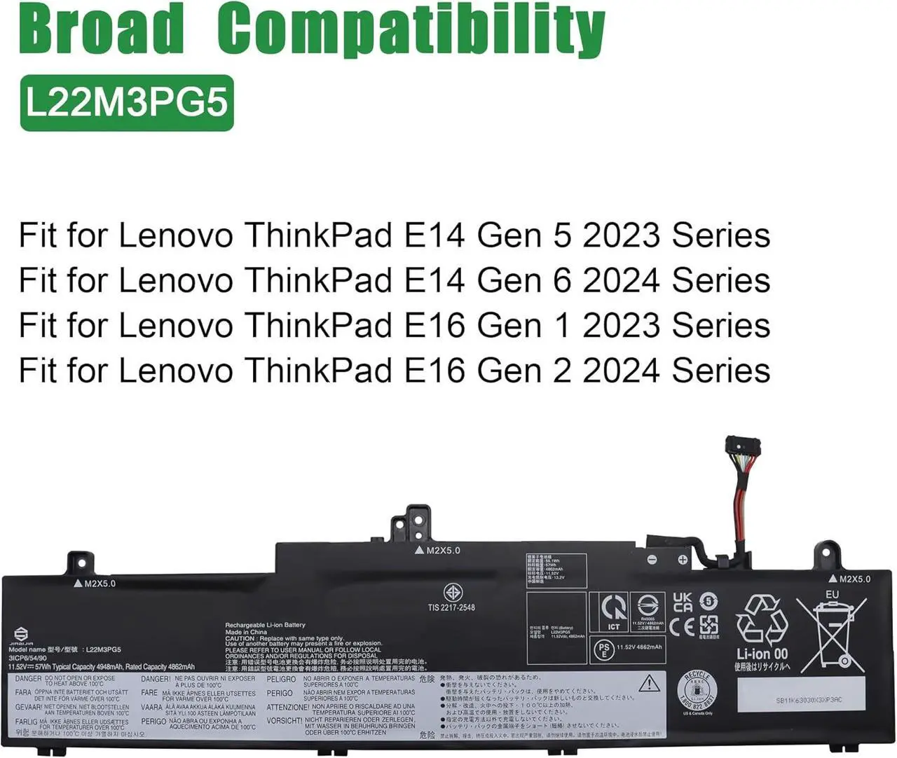 Alt view image 5 of 6 - L22M3PG5 Laptop Battery Replacement for Lenovo ThinkPad E14 Gen 5 Gen 6 E16 Gen 1 Gen 2 2023 2024 Series SB11K63030 5B11K63029 L22L3PG5 SB11K63027 5B11K63034 L22B3PG5 L22D3PG5 11.52V 57Wh