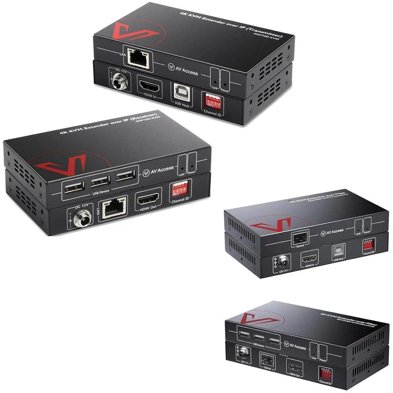Main image of AV Access 4K HDMI USB KVM Extender TCP/IP Over Single Cat5e/6/6a/7 up to 390ft Bundle with 4K Fiber Optic KVM Extender Over IP up to 1800ft
