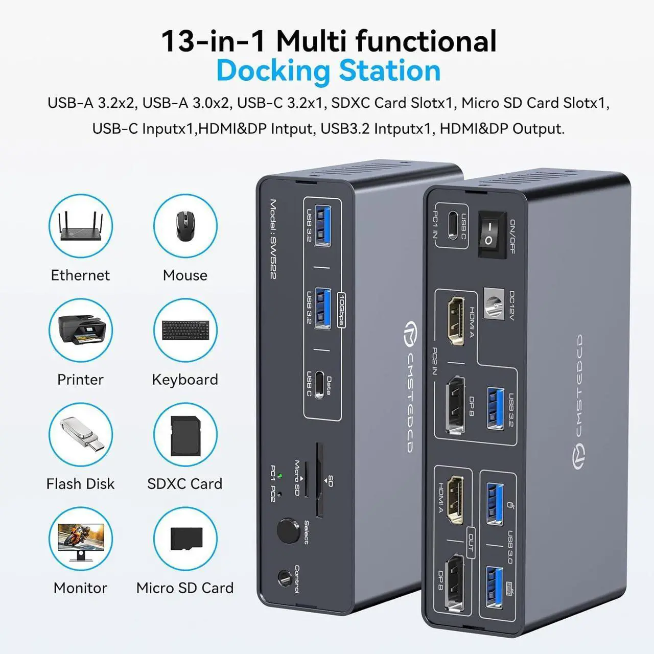Alt view image 5 of 7 - Ennovor KVM Docking Station 4K60Hz HDMI & 4K120Hz DP KVM Switch 2 Monitors 2 Computers for Laptop and Desktop 10Gbps USBC+USBA 3.2 Date 5Gbps USB3.0 Date and SD/microSD Card Slots