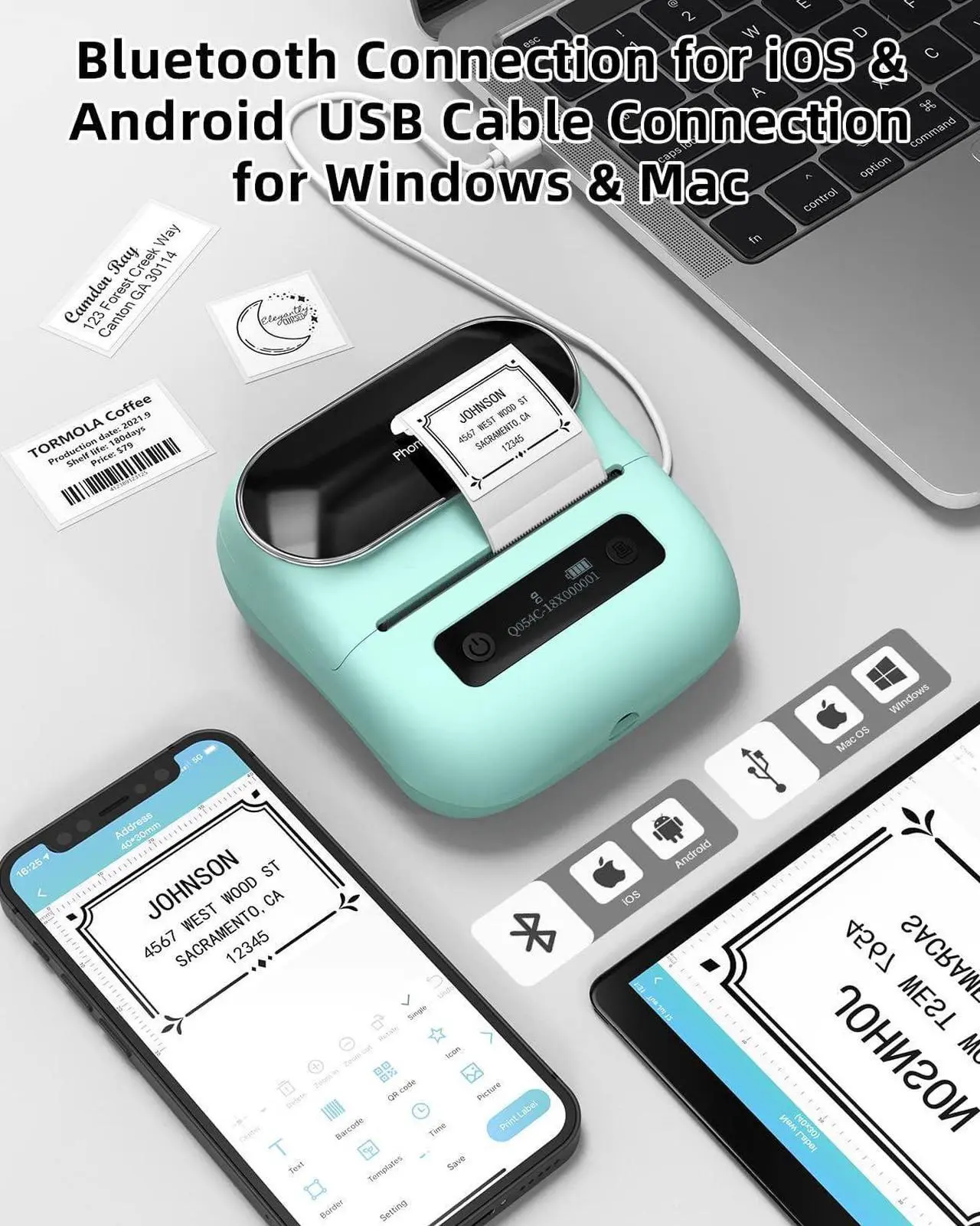 Alt view image 4 of 7 - Ennovor Phomemo M220 Label Maker Green & 1 Roll White Thermal Label 2.175"x4"(54x101mm), Upgrade 3 Inch Barcode Portable Printer, for Office & Small Business, Compatible with Phones&PC