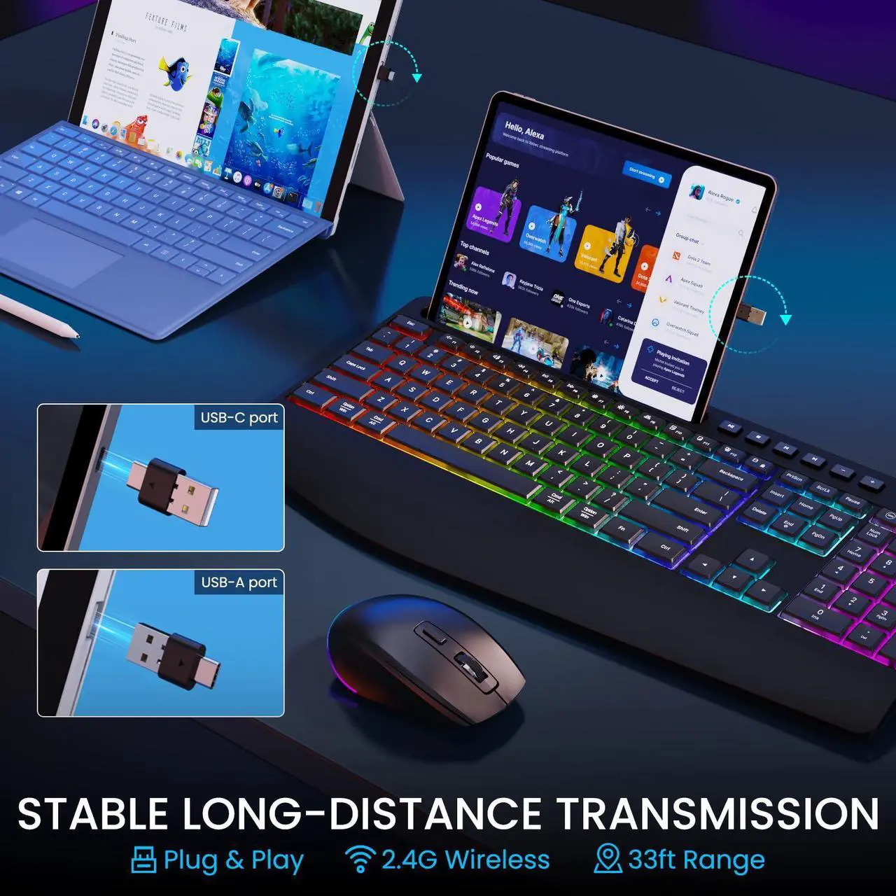 Alt view image 3 of 5 - Wireless Keyboard and Mouse Combo - Dual System RGB Backlit Mouse and Keyboard,2.4G Rechargeable,Full-Sized Ergonomic Silent Design with Phone Holder for Windows Mac PC Laptop (Black-V1)