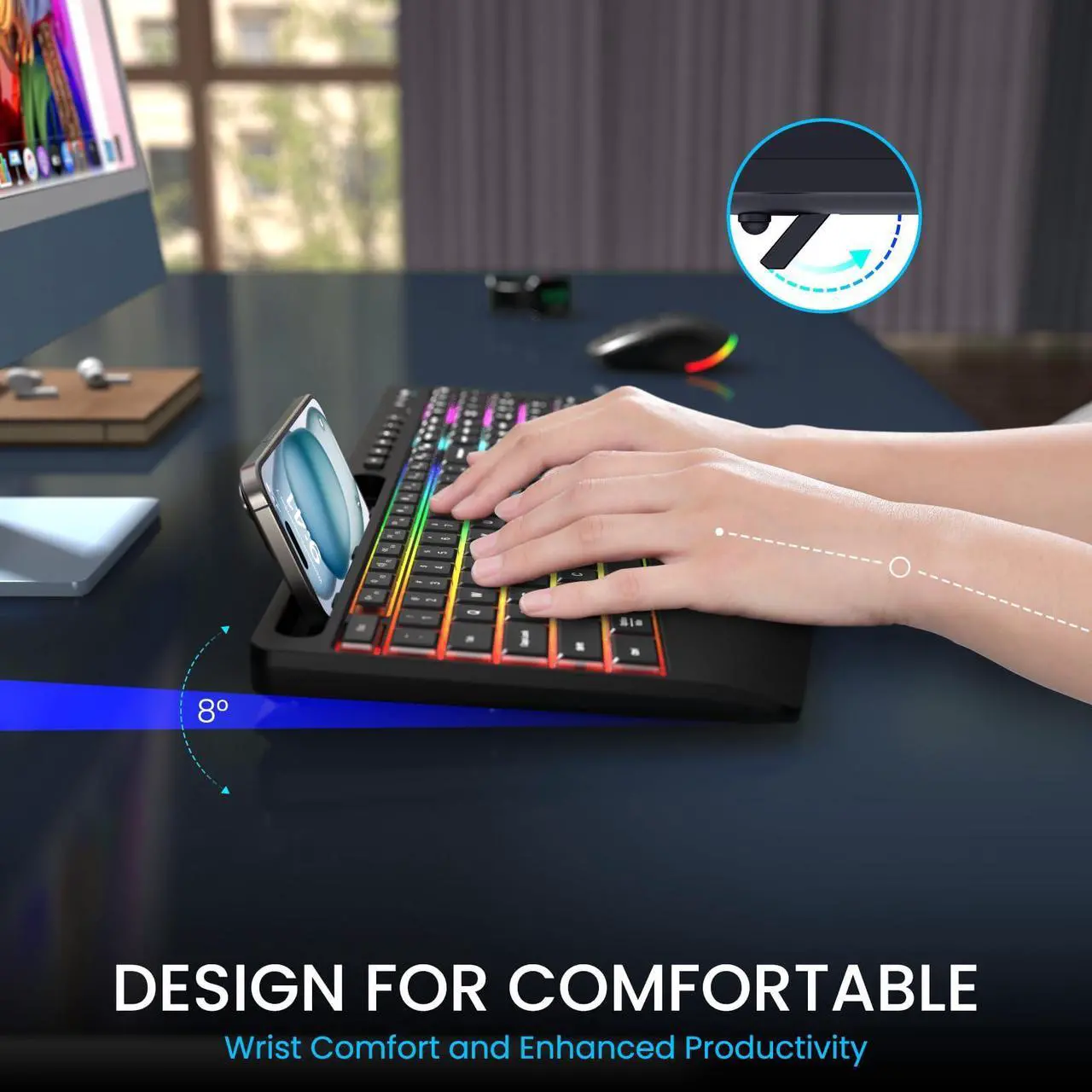 Alt view image 4 of 5 - Wireless Keyboard and Mouse Combo - Dual System RGB Backlit Mouse and Keyboard,2.4G Rechargeable,Full-Sized Ergonomic Silent Design with Phone Holder for Windows Mac PC Laptop (Black-V1)