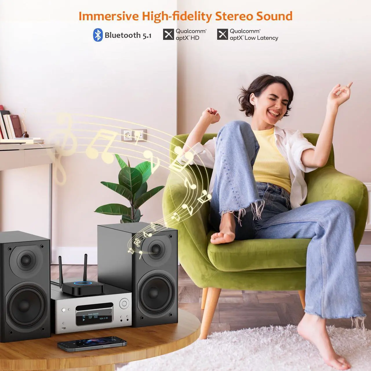 Alt view image 2 of 5 - [Upgraded] 1Mii B06Pro Long Range Bluetooth Receiver, HiFi Wireless Audio Adapter, Bluetooth 5.1 Receiver with 3D Surround aptX HD Low Latency Optical RCA AUX 3.5mm Coaxial for Home Stereo System