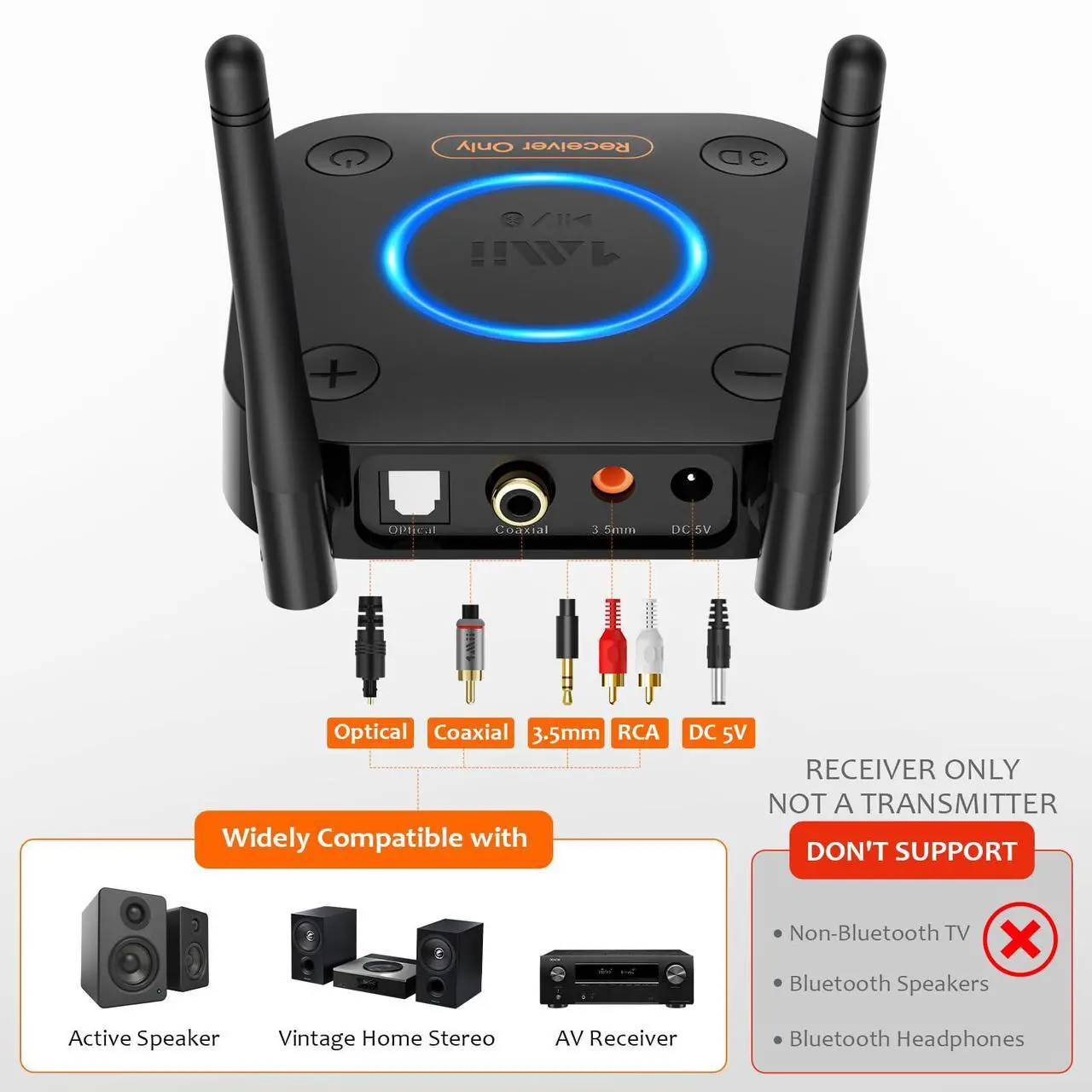 Alt view image 5 of 5 - [Upgraded] 1Mii B06Pro Long Range Bluetooth Receiver, HiFi Wireless Audio Adapter, Bluetooth 5.1 Receiver with 3D Surround aptX HD Low Latency Optical RCA AUX 3.5mm Coaxial for Home Stereo System