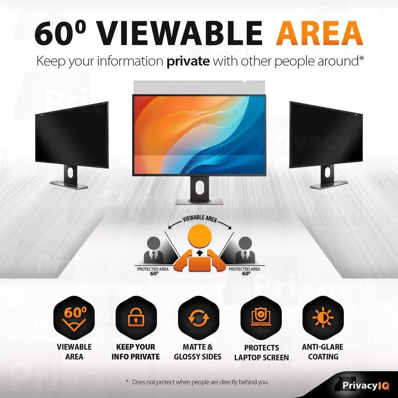 Alt view image 4 of 5 - Privacy IQ 27" Inch 16:9 (2 Pack) Monitor Privacy Screen-Filter for 60 Degree Privacy, Advanced Anti-Glare, UV Light Reduction & Blue Light Filter