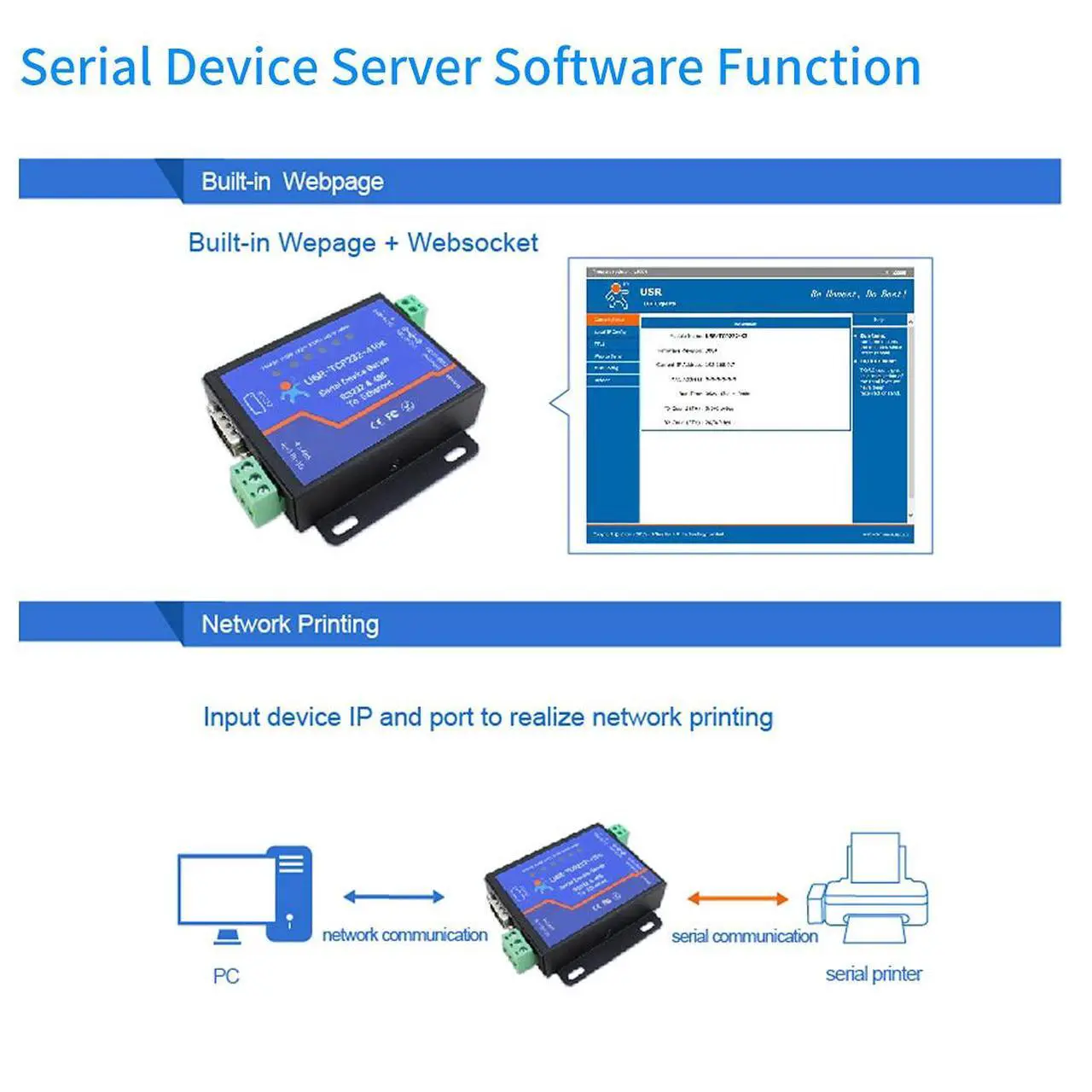 Alt view image 5 of 5 - PUSR Usr-Tcp232-410S Server RS232 / RS485 Serial to Ethernet Adapter TCP/IP Converter Supports DHCP/DNS
