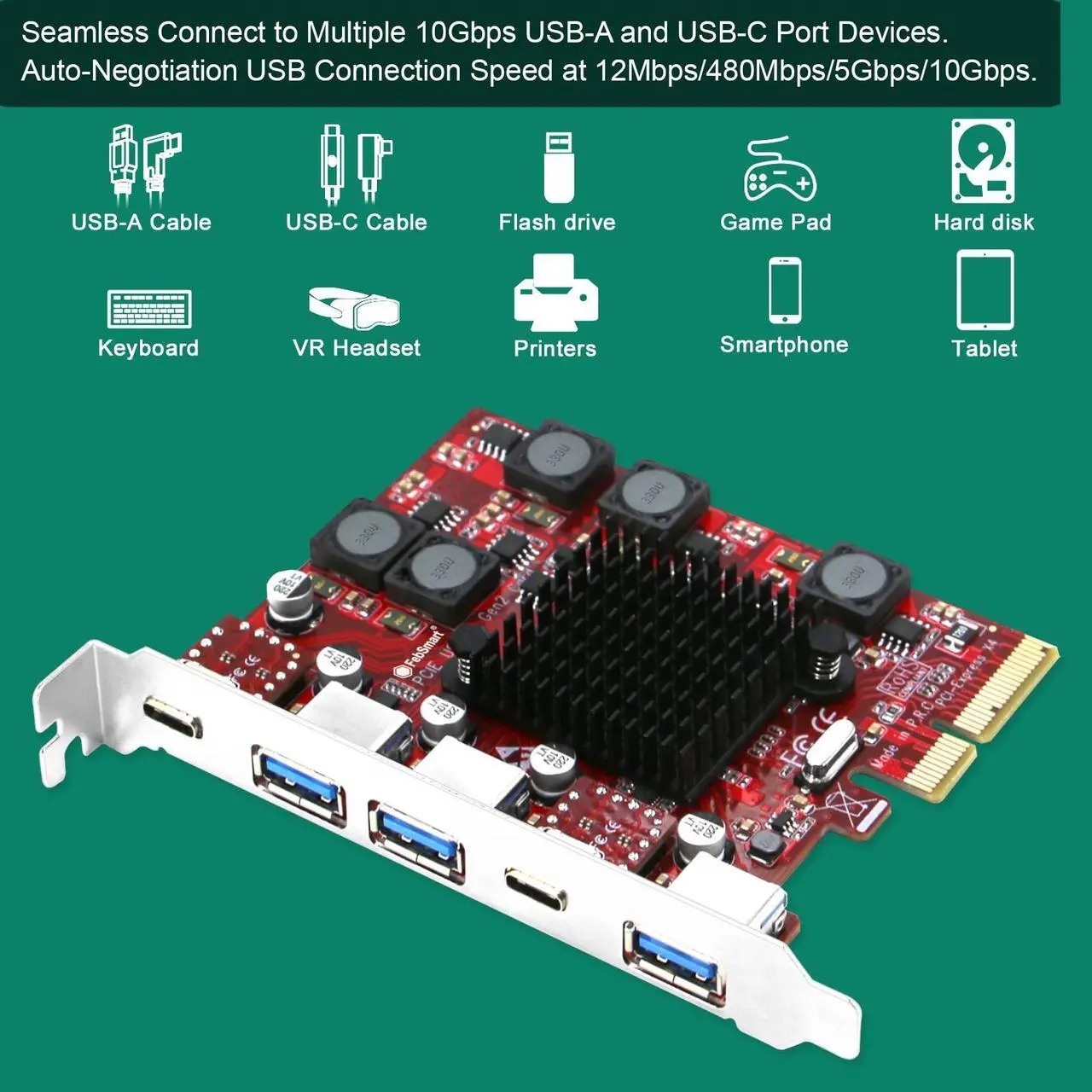 Alt view image 3 of 5 - FebSmart 2X USB-C & 3X USB-A 10Gbps Ports PCIE USB 3.1 GEN2 Card for Windows 11, 10, 8.x, 7(32/64bit), Windows Server, MAC OS and Linux Desktop PCs, Built in Self-Powered Technology (FS-A3C2-Pro)