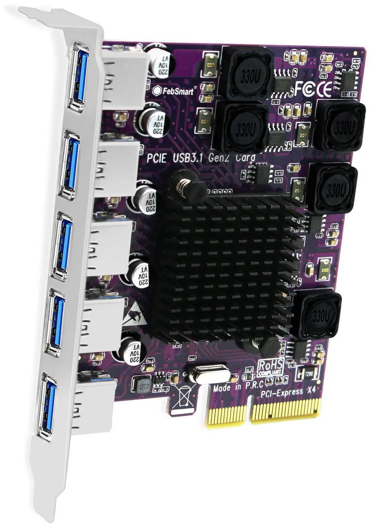 Main image of FebSmart 5X 10Gbps USB-A Ports PCIE USB 3.1 GEN2 Expansion Card for Windows 11, 10, 8.x, 7(32/64bit), Windows Server, MAC OS and Linux Desktop PCs, Built in Self-Powered Technology (FS-A5-Pro)