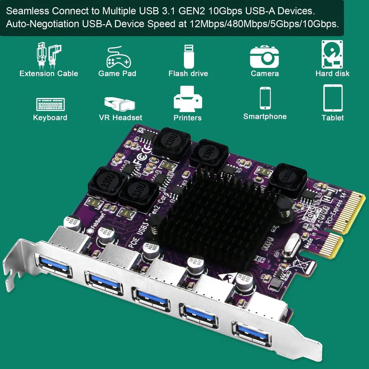 Alt view image 3 of 5 - FebSmart 5X 10Gbps USB-A Ports PCIE USB 3.1 GEN2 Expansion Card for Windows 11, 10, 8.x, 7(32/64bit), Windows Server, MAC OS and Linux Desktop PCs, Built in Self-Powered Technology (FS-A5-Pro)