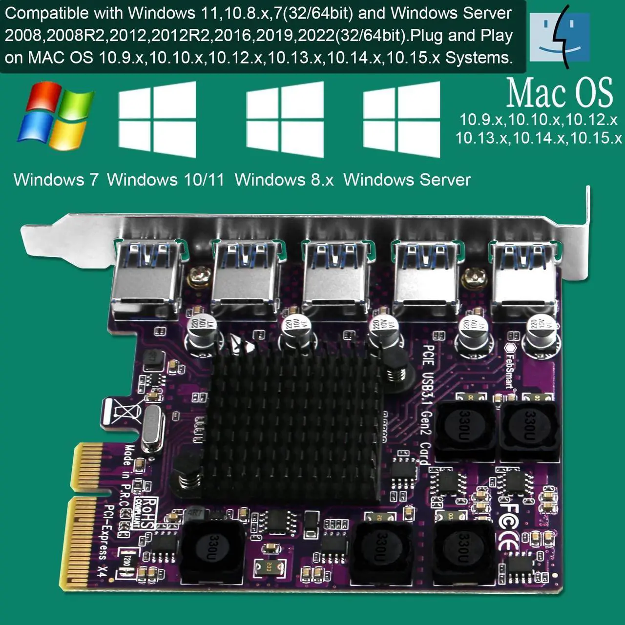 Alt view image 5 of 5 - FebSmart 5X 10Gbps USB-A Ports PCIE USB 3.1 GEN2 Expansion Card for Windows 11, 10, 8.x, 7(32/64bit), Windows Server, MAC OS and Linux Desktop PCs, Built in Self-Powered Technology (FS-A5-Pro)