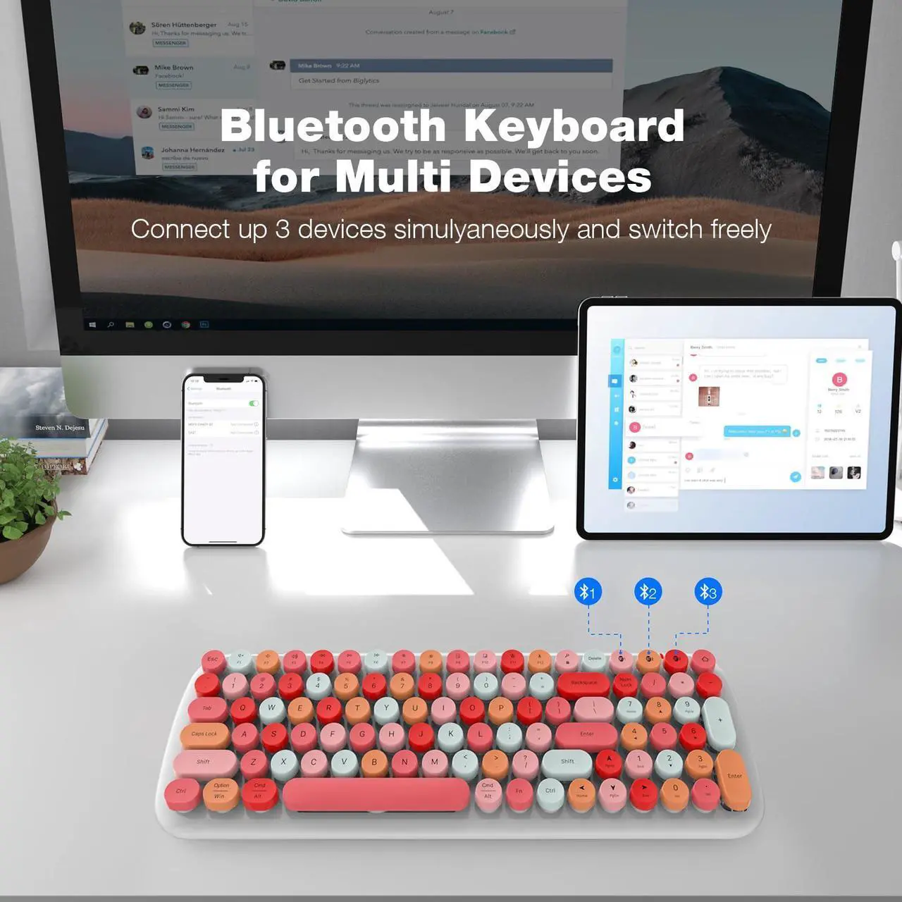 Alt view image 2 of 5 - MOFII Wireless Bluetooth Keyboard for Laptop & Android, Connect up to 3 Devices Simultaneously, Portable 100-Key Typewriter Retro Round Keycaps Keyboard - Lipstick Colors