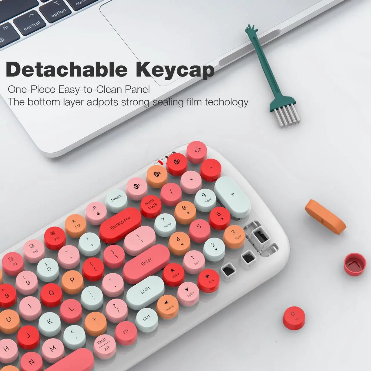 Alt view image 5 of 5 - MOFII Wireless Bluetooth Keyboard for Laptop & Android, Connect up to 3 Devices Simultaneously, Portable 100-Key Typewriter Retro Round Keycaps Keyboard - Lipstick Colors