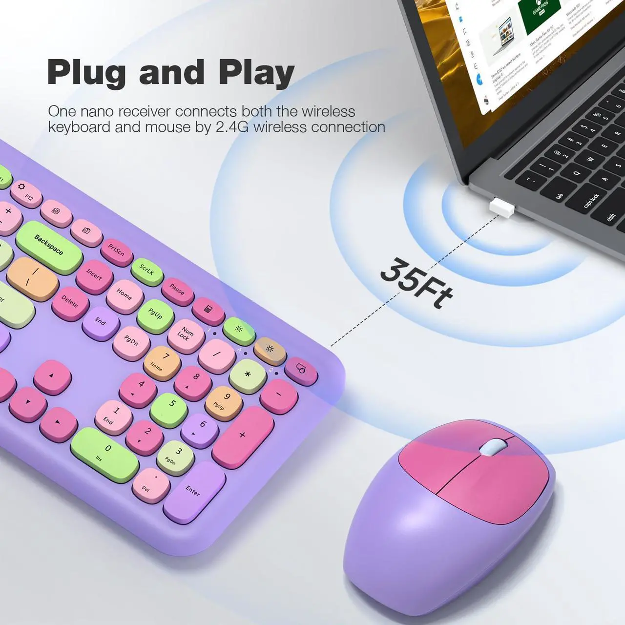Alt view image 2 of 5 - MOFII Wireless Keyboard and Mouse Combo, 2.4G Silent Cordless Slim Full Size Keyboard and Ergonomic Mice Set for Laptop, Desktop, MacBook, PC - Purple Colorful