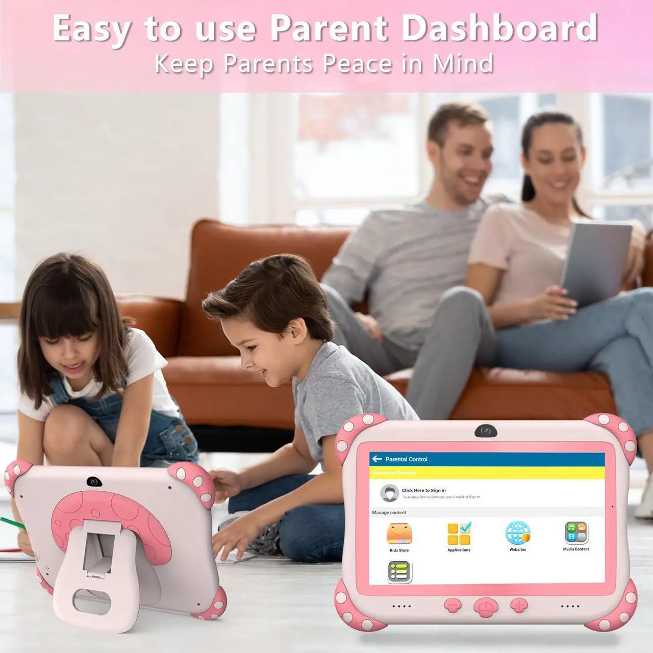 Alt view image 4 of 5 - Kids Tablet 7 inch Tablet for Kids Wifi Kids Tablets 32G Android 10 Dual Camera Educational Games Parental Control, Toddler Tablet with Kids Software Pre-Installed Kid-Proof YouTube Netflix (Pink)