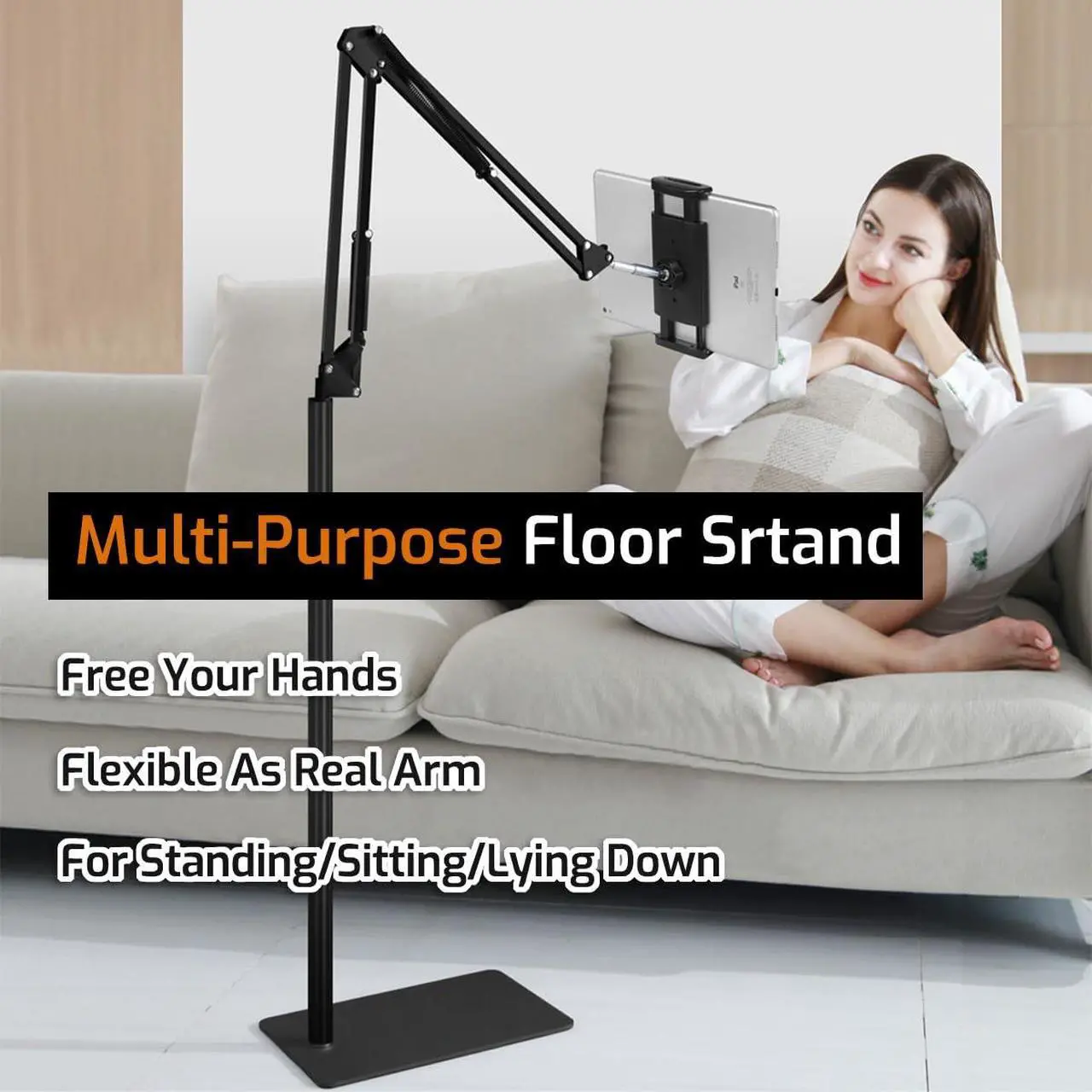 Alt view image 2 of 5 - pemsem Tablet Floor Stand for Phone Tablet, 360° Swivel Boom Arm Overhead Phone Mount, Compatible with iPad Pro 12.9 Samsung Galaxy Tab for Live Streaming Online Classes