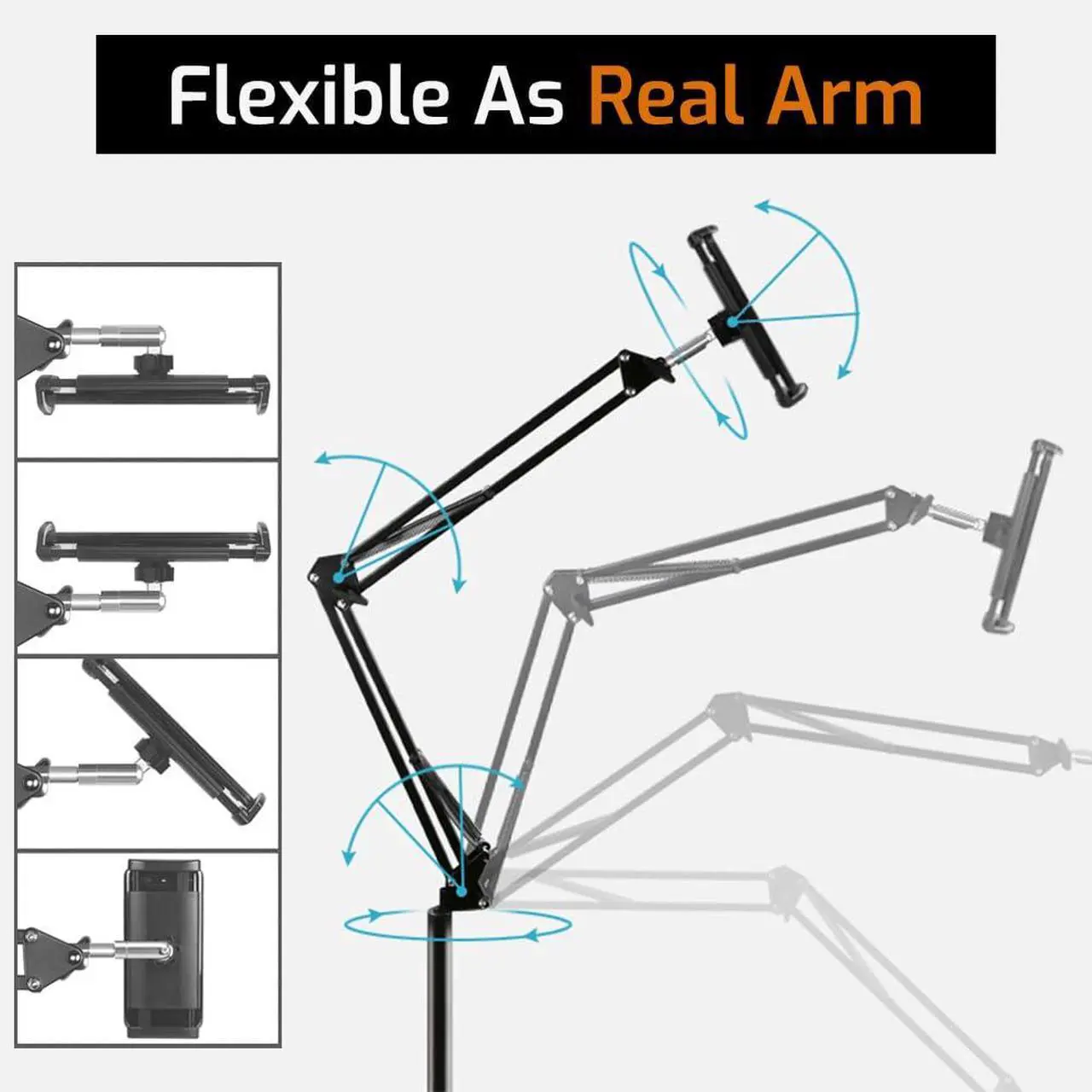 Alt view image 3 of 5 - pemsem Tablet Floor Stand for Phone Tablet, 360° Swivel Boom Arm Overhead Phone Mount, Compatible with iPad Pro 12.9 Samsung Galaxy Tab for Live Streaming Online Classes
