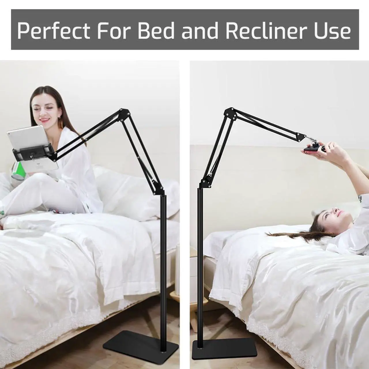 Alt view image 4 of 5 - pemsem Tablet Floor Stand for Phone Tablet, 360° Swivel Boom Arm Overhead Phone Mount, Compatible with iPad Pro 12.9 Samsung Galaxy Tab for Live Streaming Online Classes
