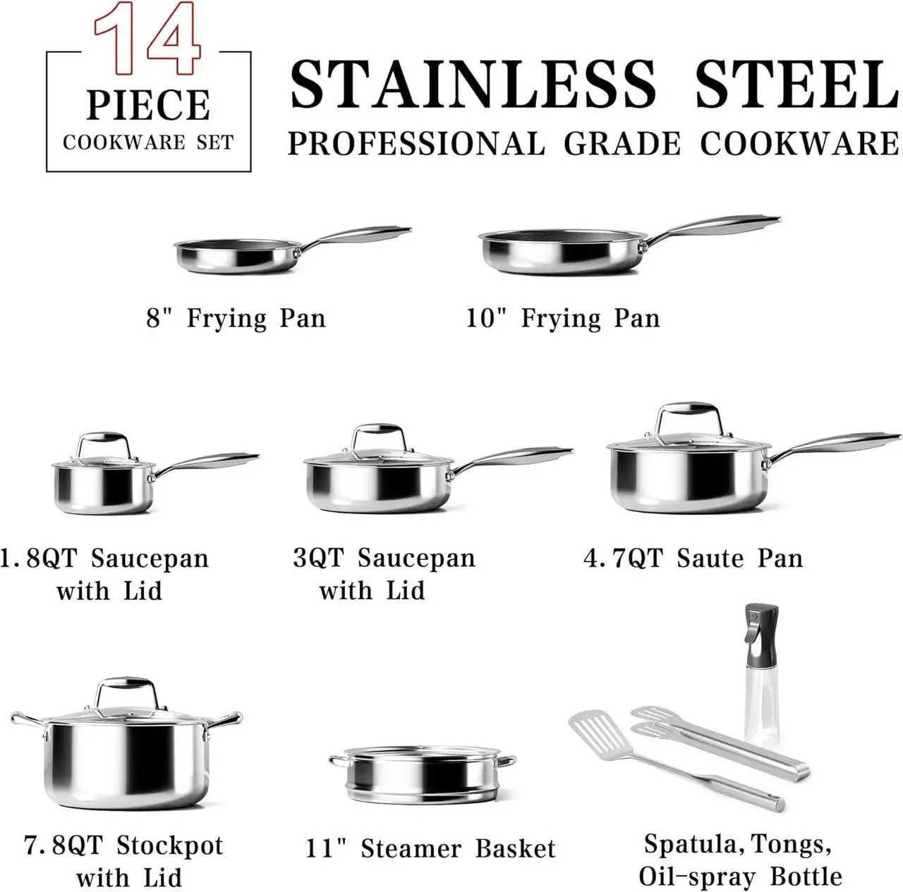 Alt view image 7 of 7 - Tri-ply Stainless Pots And Pans Set with Steamer Basket, Non Toxic Induction Cookware