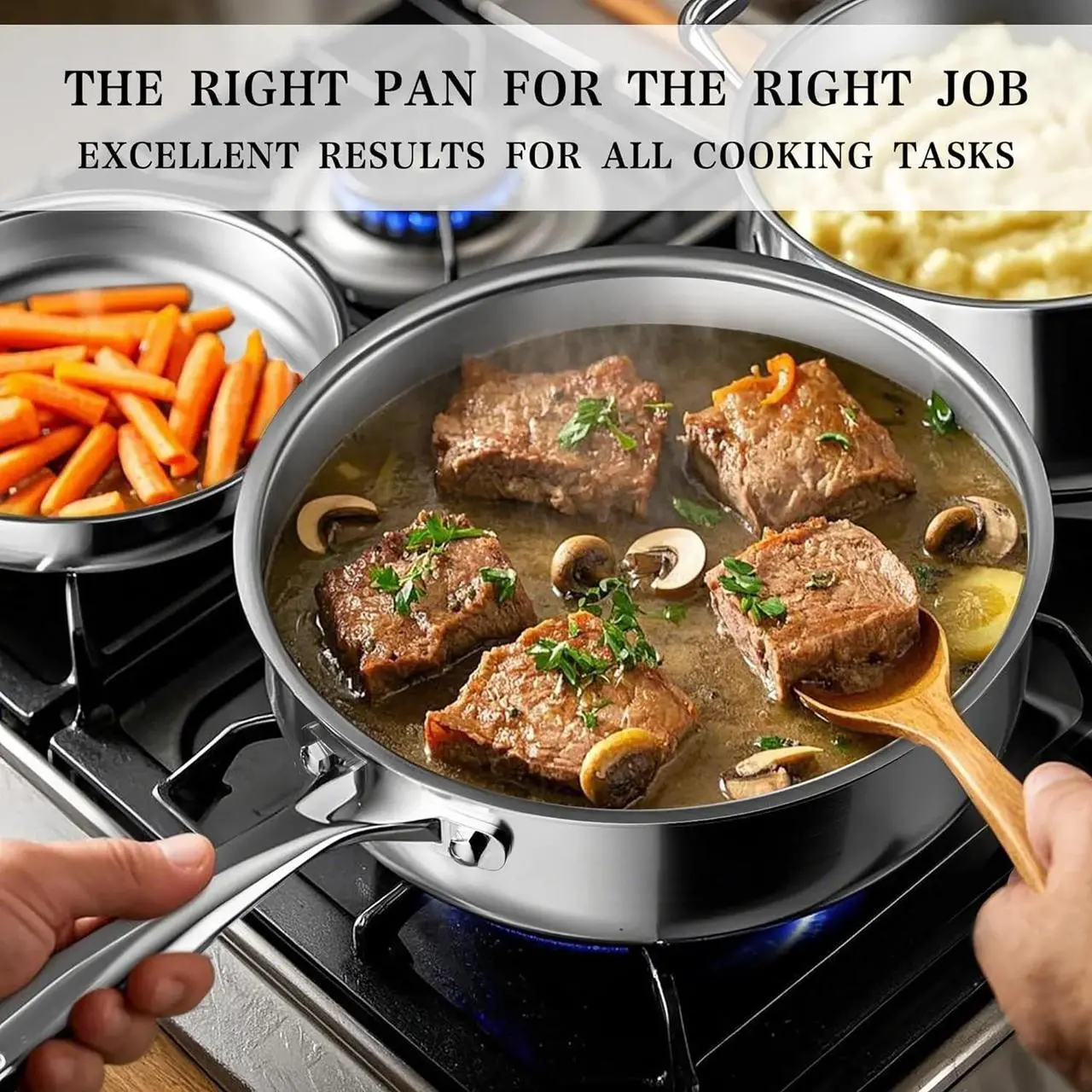 Alt view image 5 of 7 - Tri-ply Stainless Pots And Pans Set with Steamer Basket, Non Toxic Induction Cookware