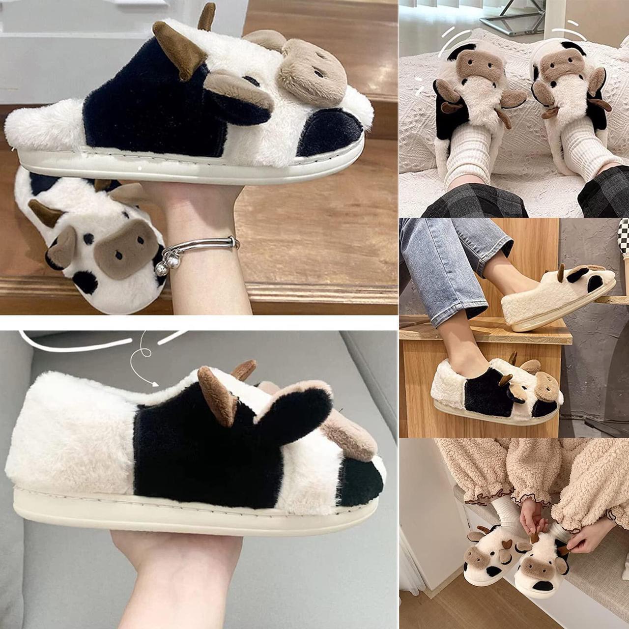 Alt view image 3 of 6 - Wsedper Cute Soft Cow Slippers for Women, Cartoon Cow Print Slippers, Fluffy Cotton Animal Slippers for Indoor Outdoor Winter (Full Heel,Women 6.5-7.5/Men 5.5-6.5)