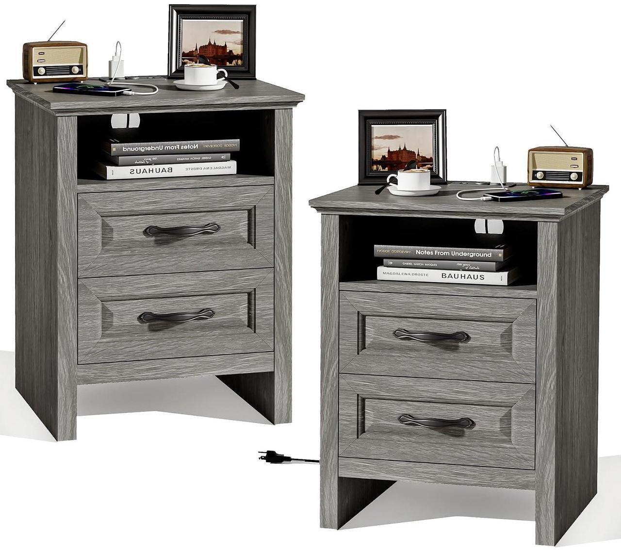 Main image of Pipishell Night Stand Set 2 with Charging Station, Farmhouse Bedside Table with 2 Drawers and Open Storage, Rustic End Table with AC Outlets & Type-C Ports for Bedroom, Grey, 2 Pack