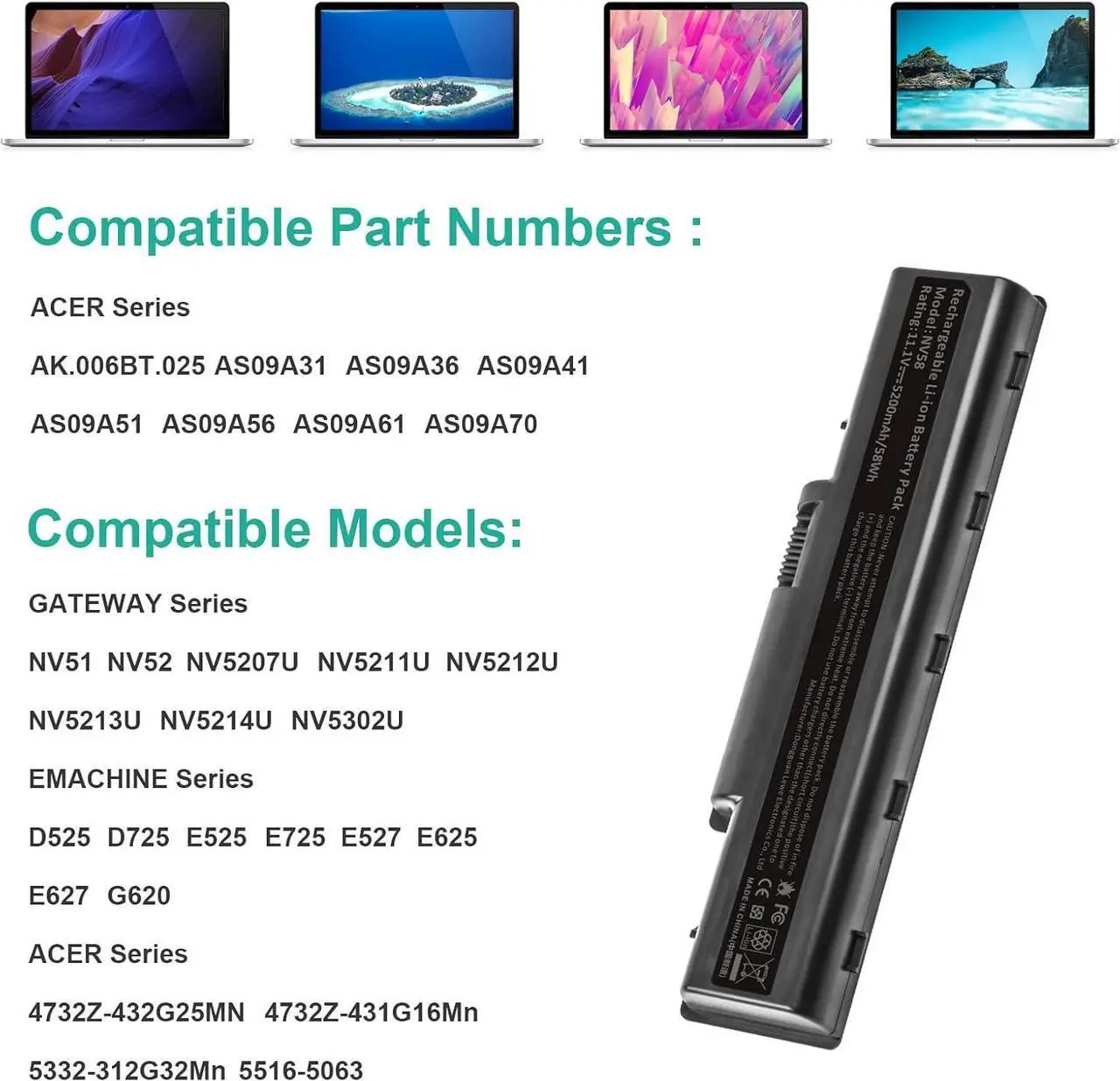 Alt view image 2 of 7 - TREE.NB Laptop Battery for Gateway NV52 NV53 NV54, AS09A31 AS09A61 AS09A51 AS09A41 AS09A71 AS09A75 Aspire 5532 5732Z eMachines E725 E525 E627 [6 Cells/5200mAh/58wh]
