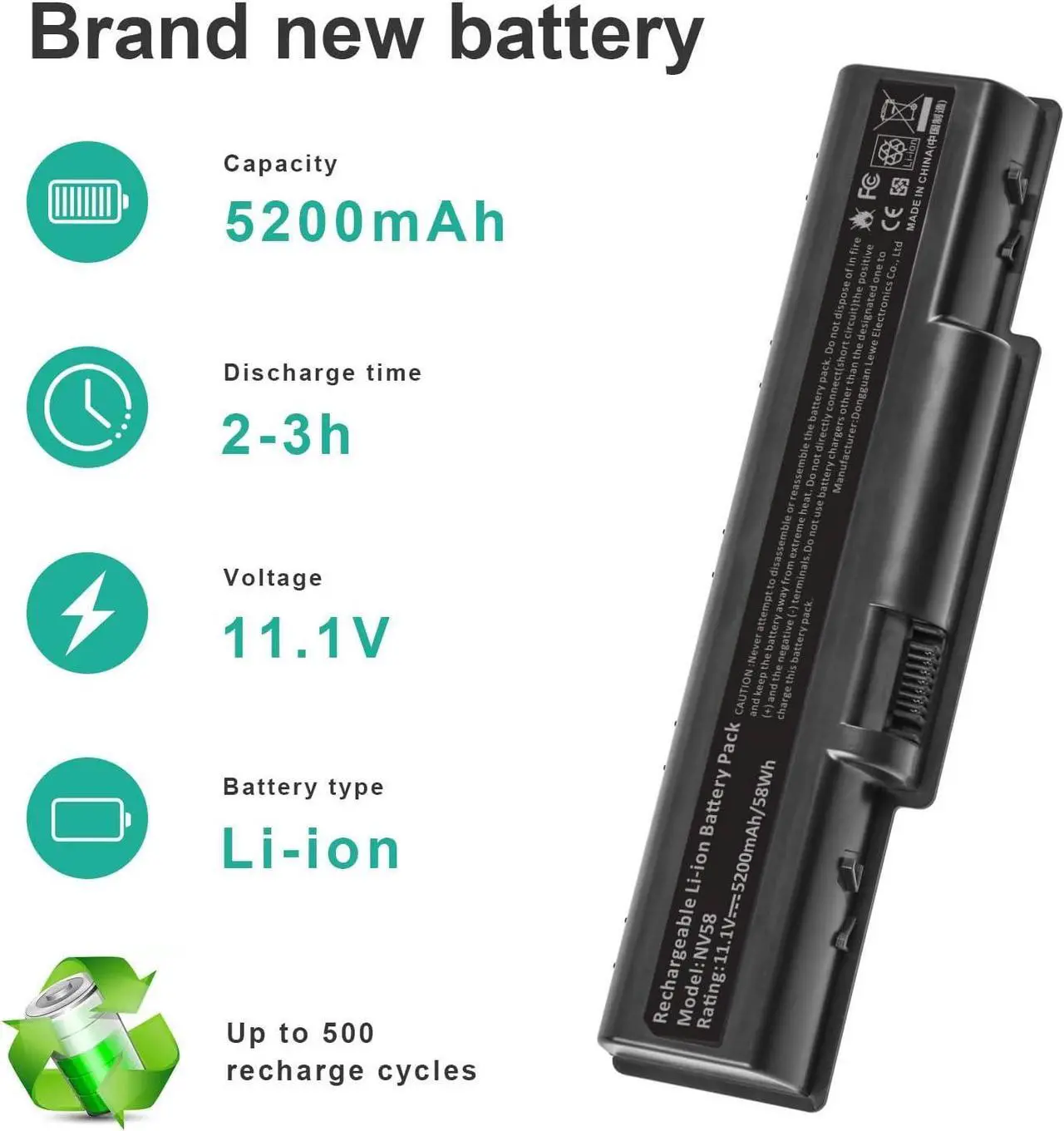 Alt view image 4 of 7 - TREE.NB Laptop Battery for Gateway NV52 NV53 NV54, AS09A31 AS09A61 AS09A51 AS09A41 AS09A71 AS09A75 Aspire 5532 5732Z eMachines E725 E525 E627 [6 Cells/5200mAh/58wh]