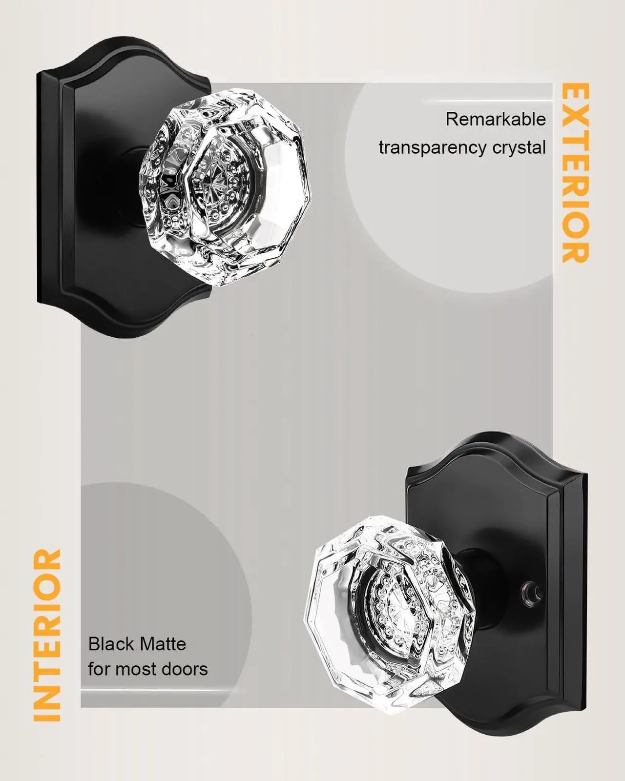Alt view image 2 of 7 - Gobrico Matte Black Passage Door Knobs Interior,Crystal Glass Door Knobs for Hall Closet,Keyless Clear Diamond Glass Door Lock Handle,3 Pack