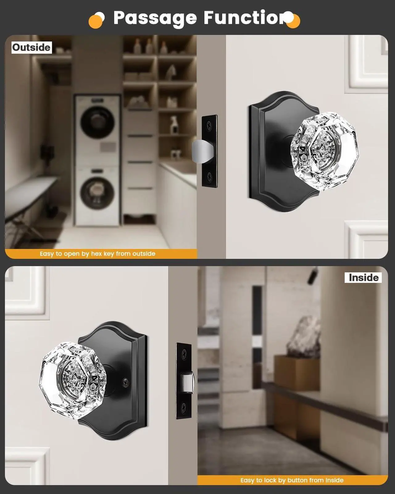 Alt view image 4 of 7 - Gobrico Matte Black Passage Door Knobs Interior,Crystal Glass Door Knobs for Hall Closet,Keyless Clear Diamond Glass Door Lock Handle,3 Pack