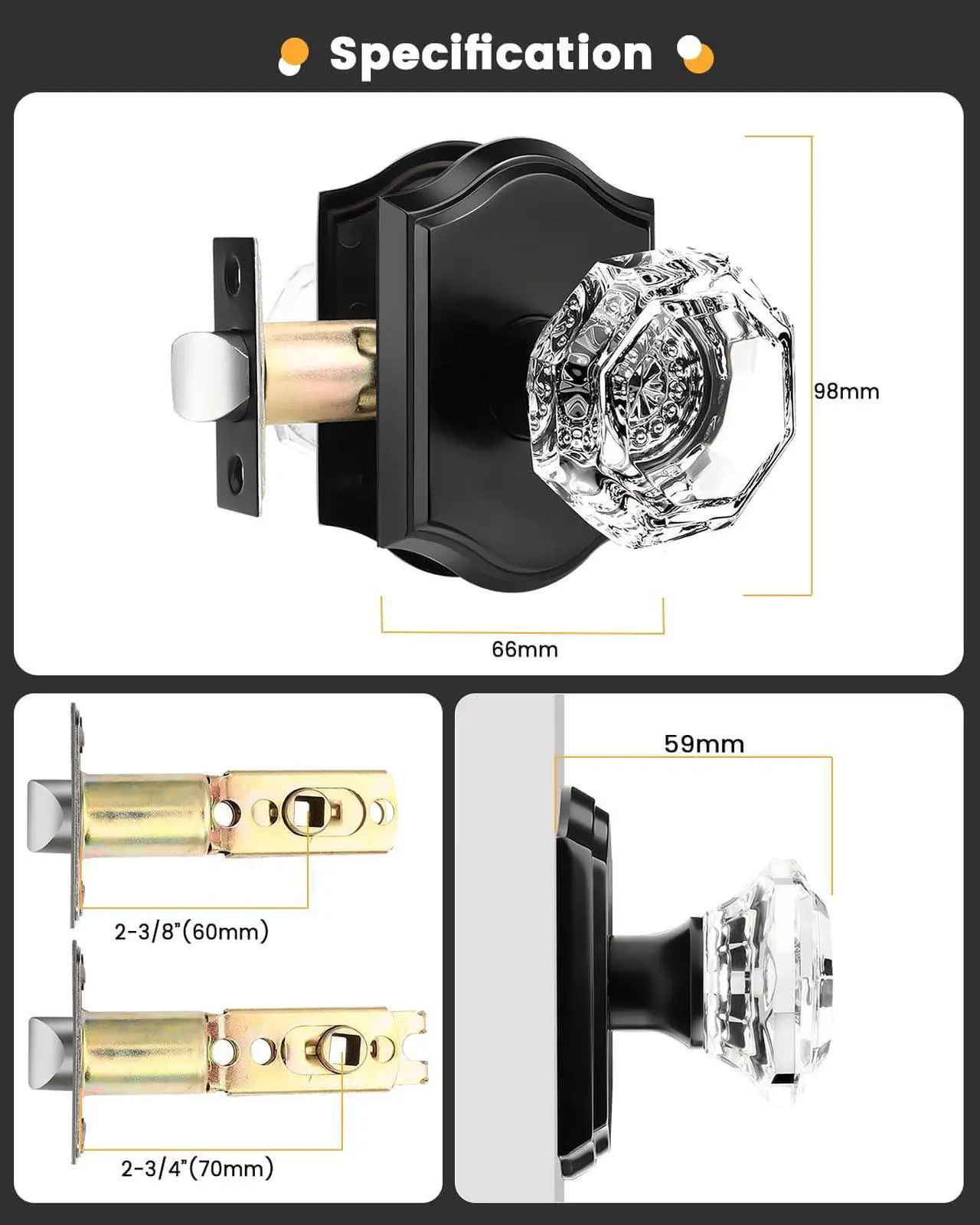 Alt view image 7 of 7 - Gobrico Matte Black Passage Door Knobs Interior,Crystal Glass Door Knobs for Hall Closet,Keyless Clear Diamond Glass Door Lock Handle,3 Pack
