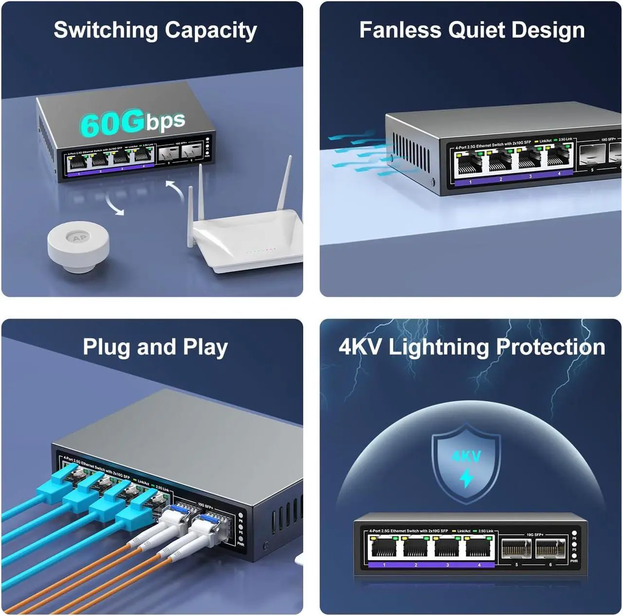 Alt view image 7 of 7 - 6 Port 2.5G Unmanaged Ethernet Switch, 4 x 2.5G Base-T Ports, 2 x 10G SFP+, Compatible with 100/1000/2500Mbps, Metal Fanless, Desktop/Wall Mount NICGIGA 2.5Gbe Network Switch for Wireless AP, NAS, PC