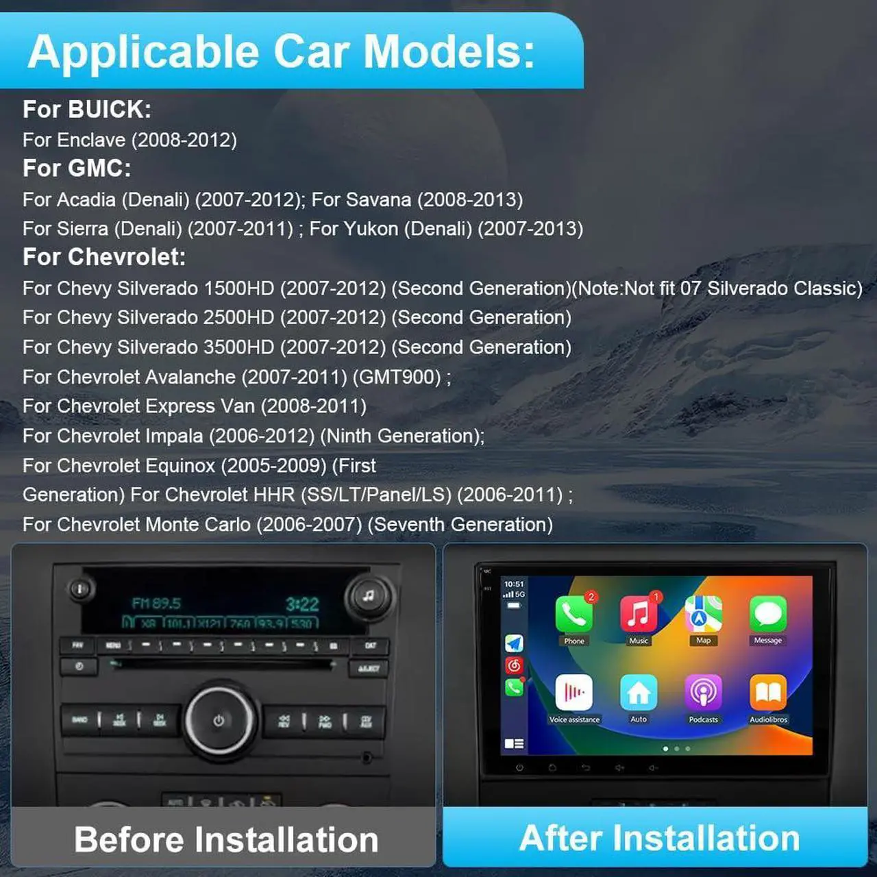 Alt view image 3 of 6 - litillbuly Android 13 [2G+32G] Car Radio for GMC Sierra Yukon Chevrolet Buick Chevy Silverado,8 Inch Touch Screen Stereo with GPS WiFi SWC Wireless CarPlay Android Auto