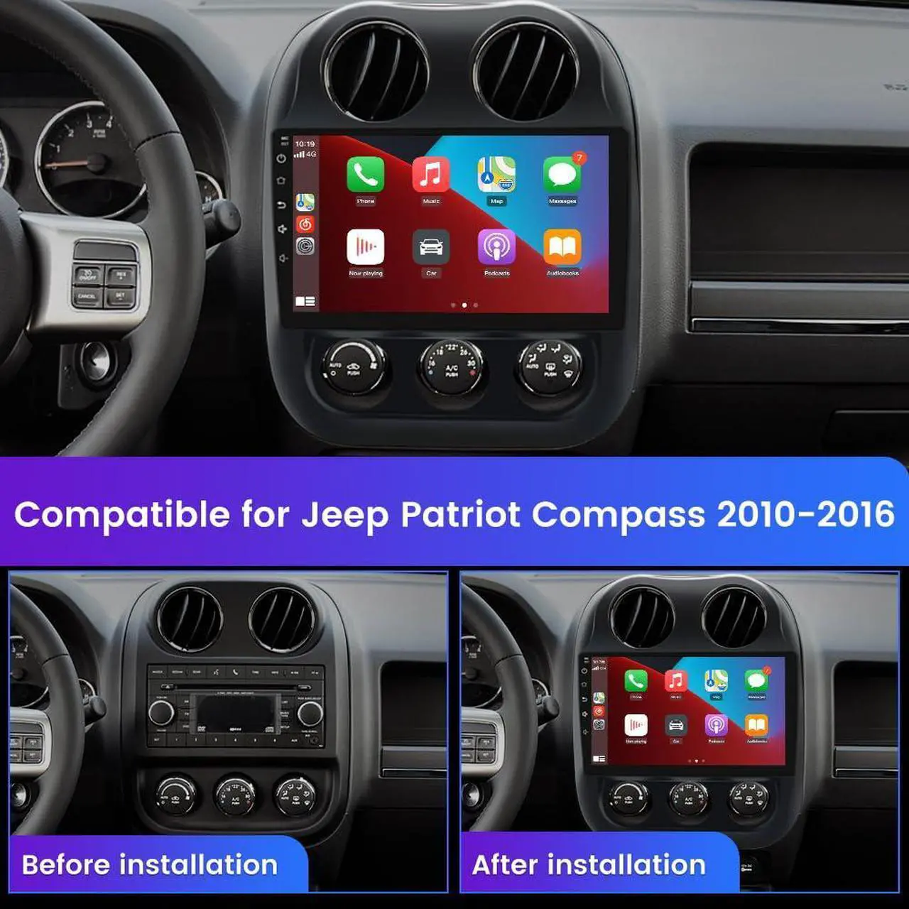 Alt view image 2 of 7 - litillbuly 10.1 Inch Car Stereo Radio Compatible for Jeep Patriot Compass 2010-2016 with Wireless CarPlay Android Auto ,Bluetooth,WiFi,SWC,Support GPS,2GB+32GB