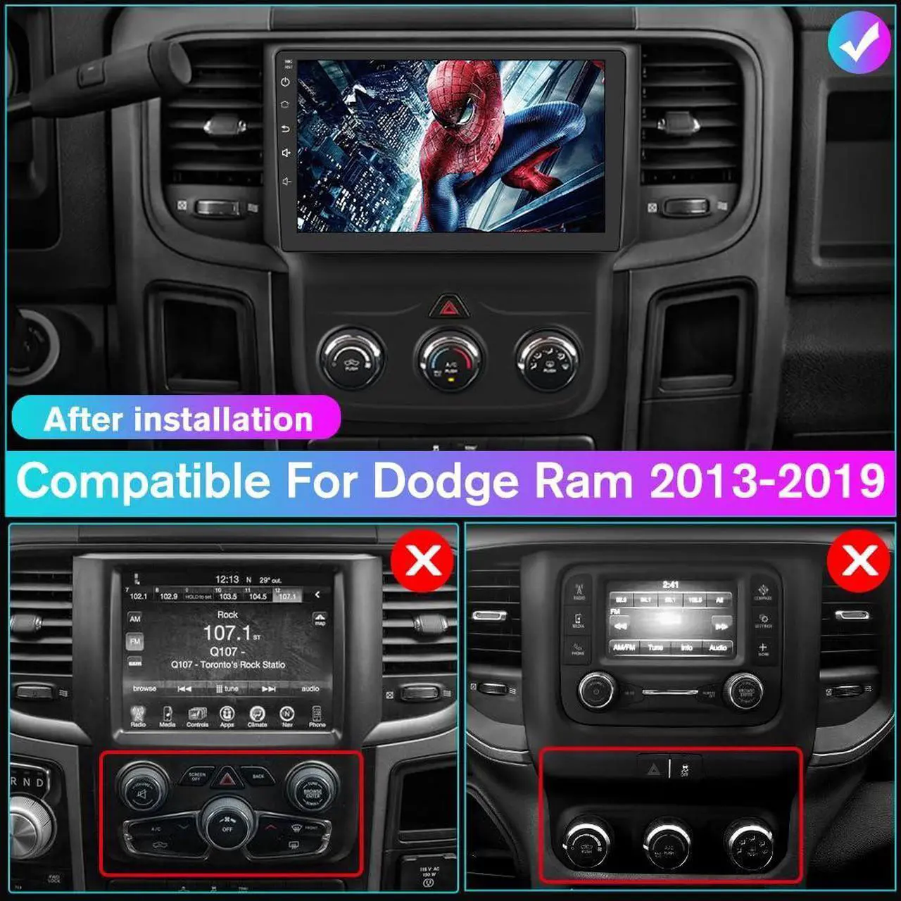 Alt view image 2 of 7 - litillbuly Android 13 [2GB+32GB] Car Radio Compatible for Dodge Ram 2013-2019 1500 2500 3500 with Wireless CarPlay Android Auto, 9 Inch Stereo with GPS/FM/WiFi/USB/SWC (Only fit Manual AC)