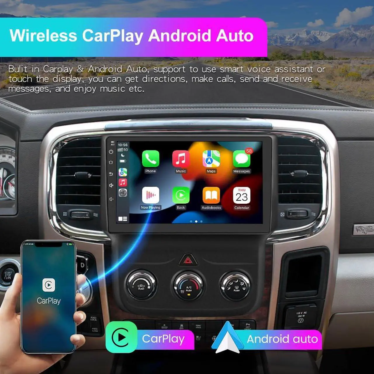 Alt view image 5 of 7 - litillbuly Android 13 [2GB+32GB] Car Radio Compatible for Dodge Ram 2013-2019 1500 2500 3500 with Wireless CarPlay Android Auto, 9 Inch Stereo with GPS/FM/WiFi/USB/SWC (Only fit Manual AC)