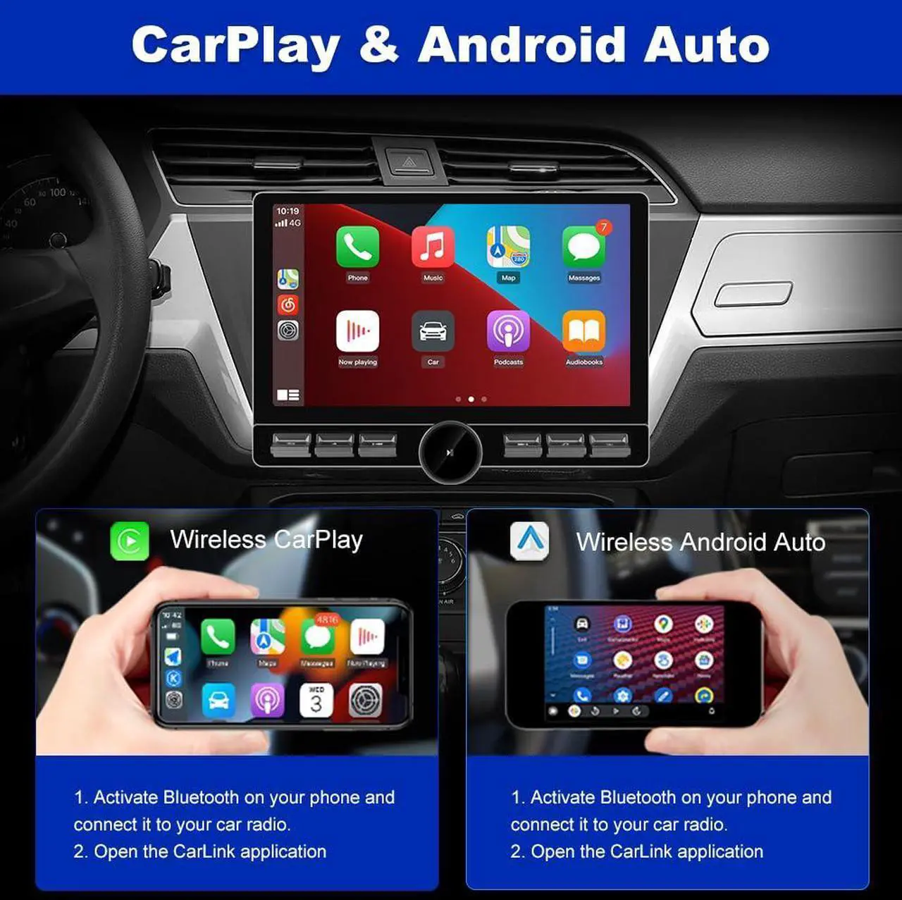 Alt view image 2 of 7 - litillbuly 10.6 Inch Android 13 Single Din Car Radio [4GB RAM + 64GB ROM] with Wireless CarPlay & Android Auto, 4G, Knob Button, GPS, DSP, WiFi, Bluetooth, SWC