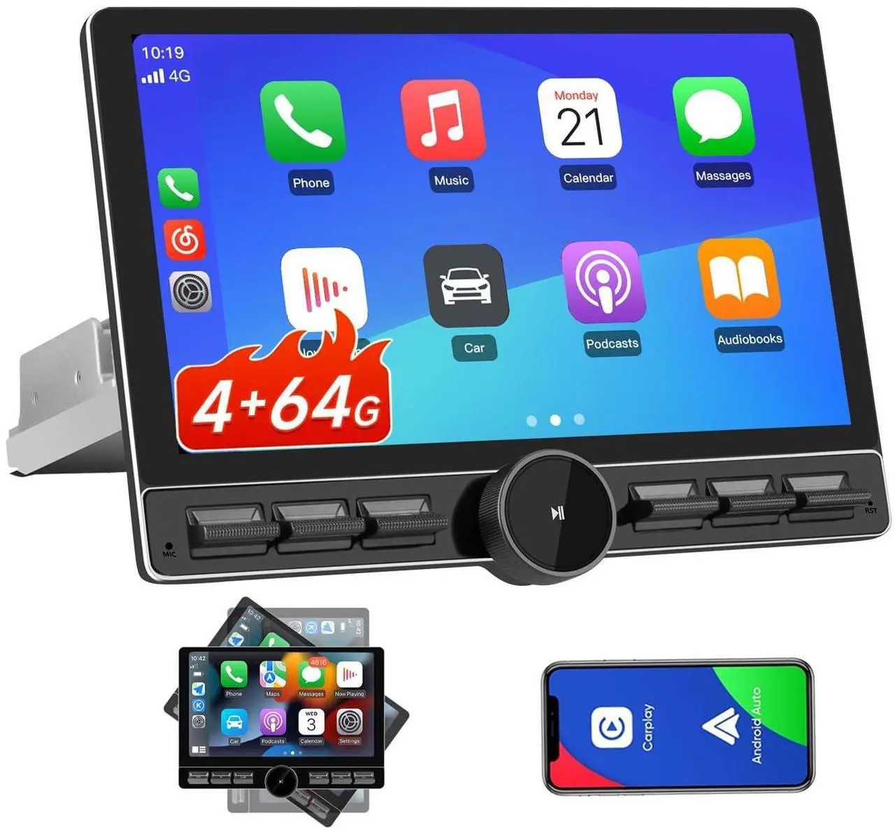 Main image of litillbuly 10.6 Inch Android 13 Single Din Car Radio [4GB RAM + 64GB ROM] with Wireless CarPlay & Android Auto, 4G, Knob Button, GPS, DSP, WiFi, Bluetooth, SWC