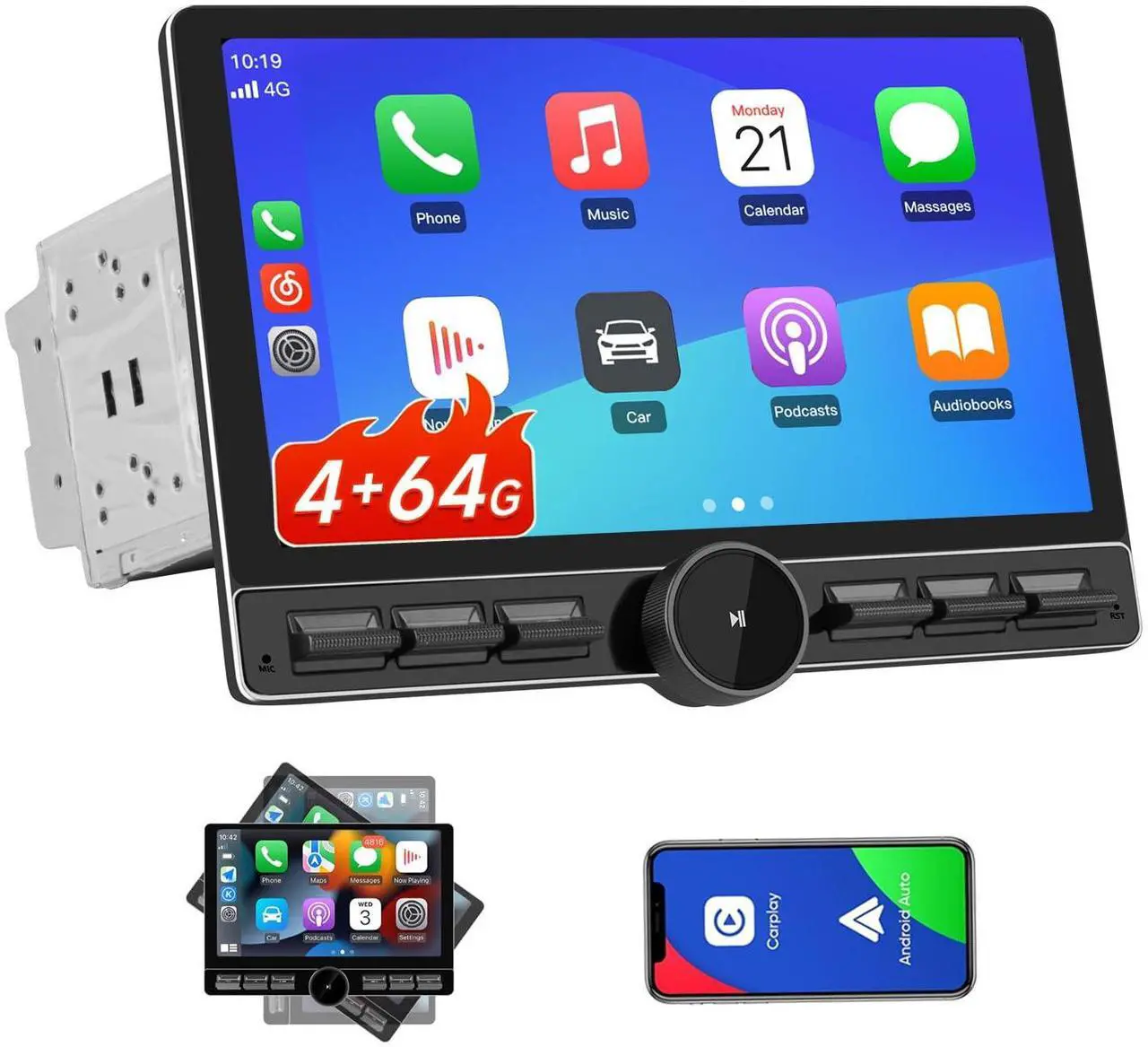 Main image of litillbuly 10.6 Inch Android 13 Double Din Car Radio [4GB RAM + 64GB ROM] with Wireless CarPlay & Android Auto, 4G, Knob Button, GPS, DSP, WiFi, Bluetooth, SWC Output