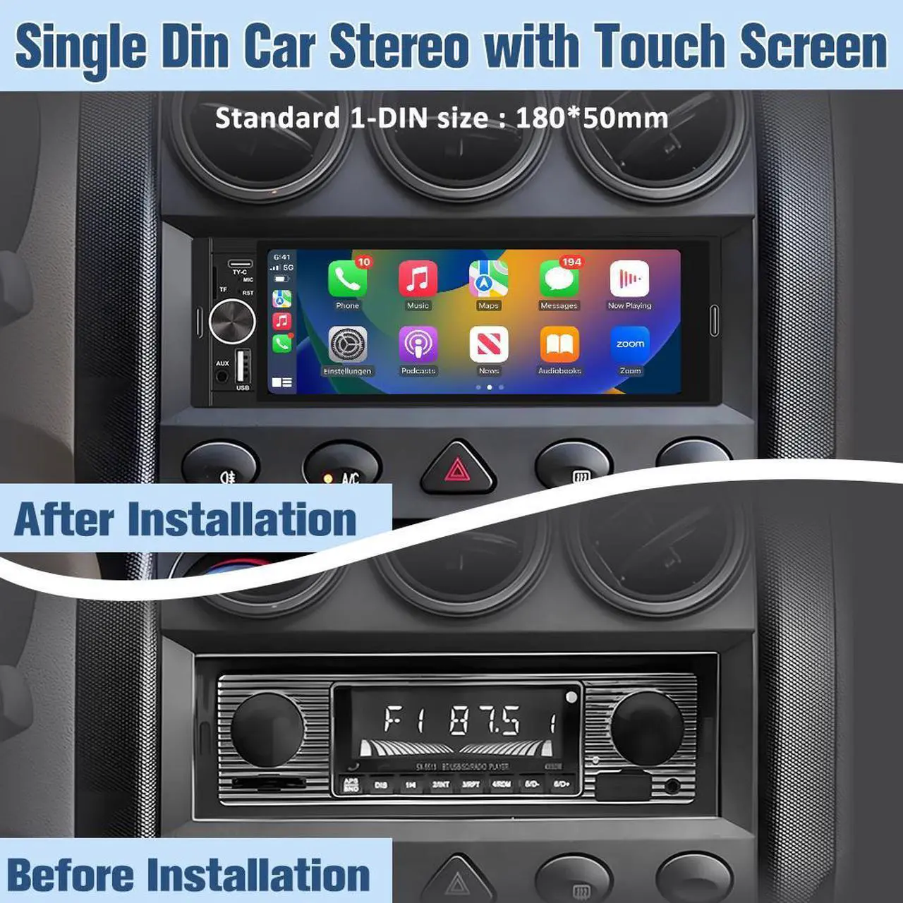 Alt view image 2 of 7 - litillbuly 6.36'' Single DIN Car Radio Stereo with Wireless CarPlay & Android Auto HD IPS Touchscreen Radio Support Type-C Charging/USB/Mirror Link/Microphone/Bluetooth/FM/Reverse Camera