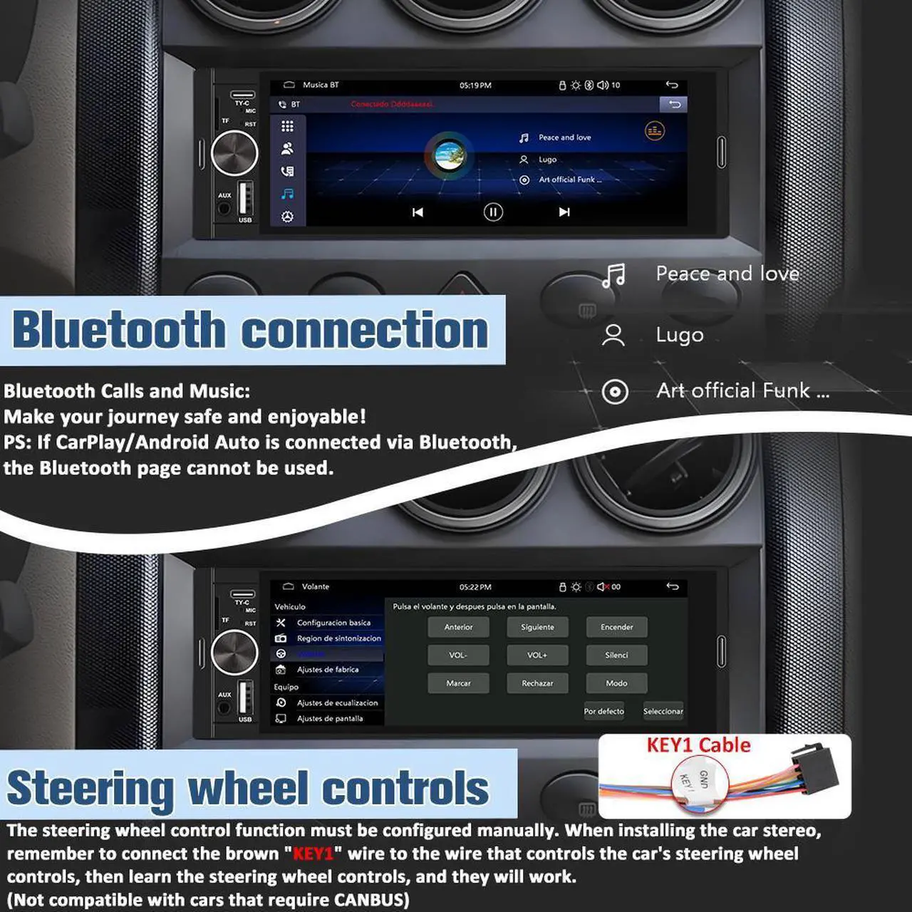 Alt view image 4 of 7 - litillbuly 6.36'' Single DIN Car Radio Stereo with Wireless CarPlay & Android Auto HD IPS Touchscreen Radio Support Type-C Charging/USB/Mirror Link/Microphone/Bluetooth/FM/Reverse Camera