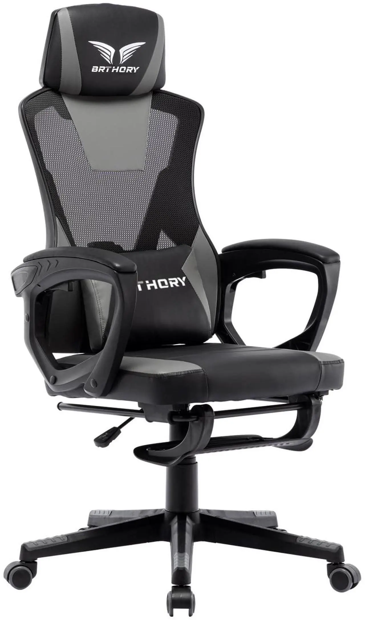 Main image of BRTHORY Gaming Desk Chair with Footrest, Ergonomic Computer Office Desk Chair,Reclining Game Chairs Lumbar Support,Faux Leather,Height Adjustable,360° Swivel (Grey)