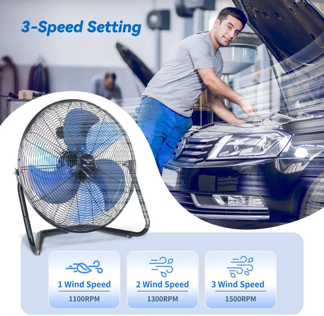 Alt view image 2 of 6 - TEMPWARE 20 Inch High Velocity Industrial Floor Fan, Heavy Duty 3-Speed Metal Cradle Fans with 360° Tilt for Workshop, Warehouse, Garage, Factory and Basement