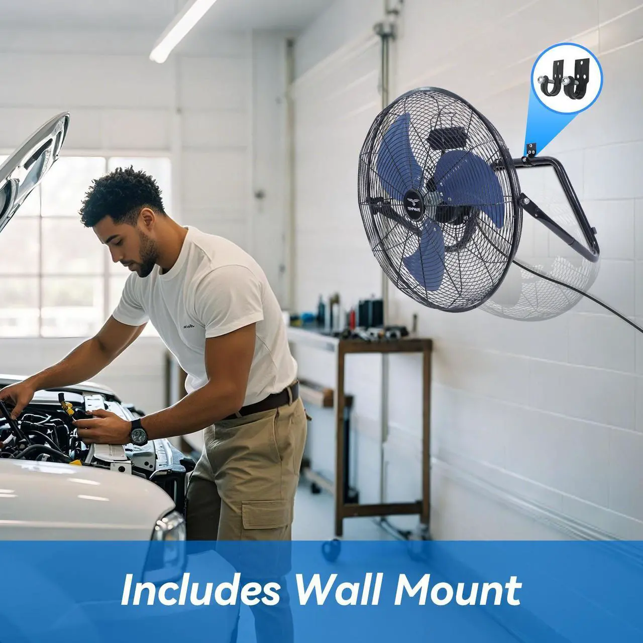 Alt view image 3 of 6 - TEMPWARE 20 Inch High Velocity Industrial Floor Fan, Heavy Duty 3-Speed Metal Cradle Fans with 360° Tilt for Workshop, Warehouse, Garage, Factory and Basement