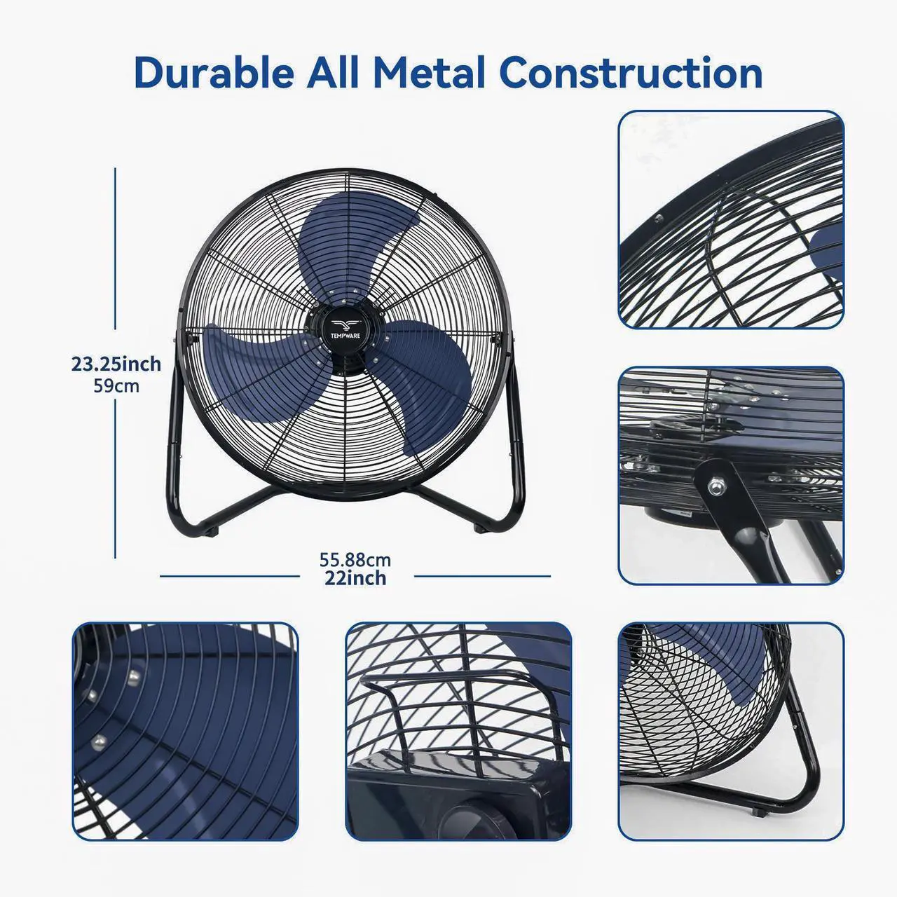 Alt view image 5 of 6 - TEMPWARE 20 Inch High Velocity Industrial Floor Fan, Heavy Duty 3-Speed Metal Cradle Fans with 360° Tilt for Workshop, Warehouse, Garage, Factory and Basement